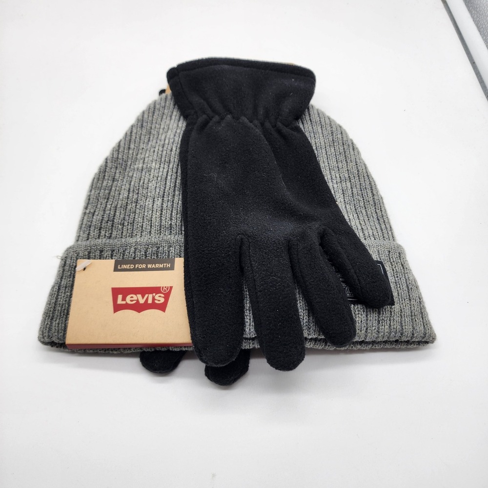 NWT Levi's Men's Knit Beanie Hat & Fleece Gloves Set Large Gray Black Winter
